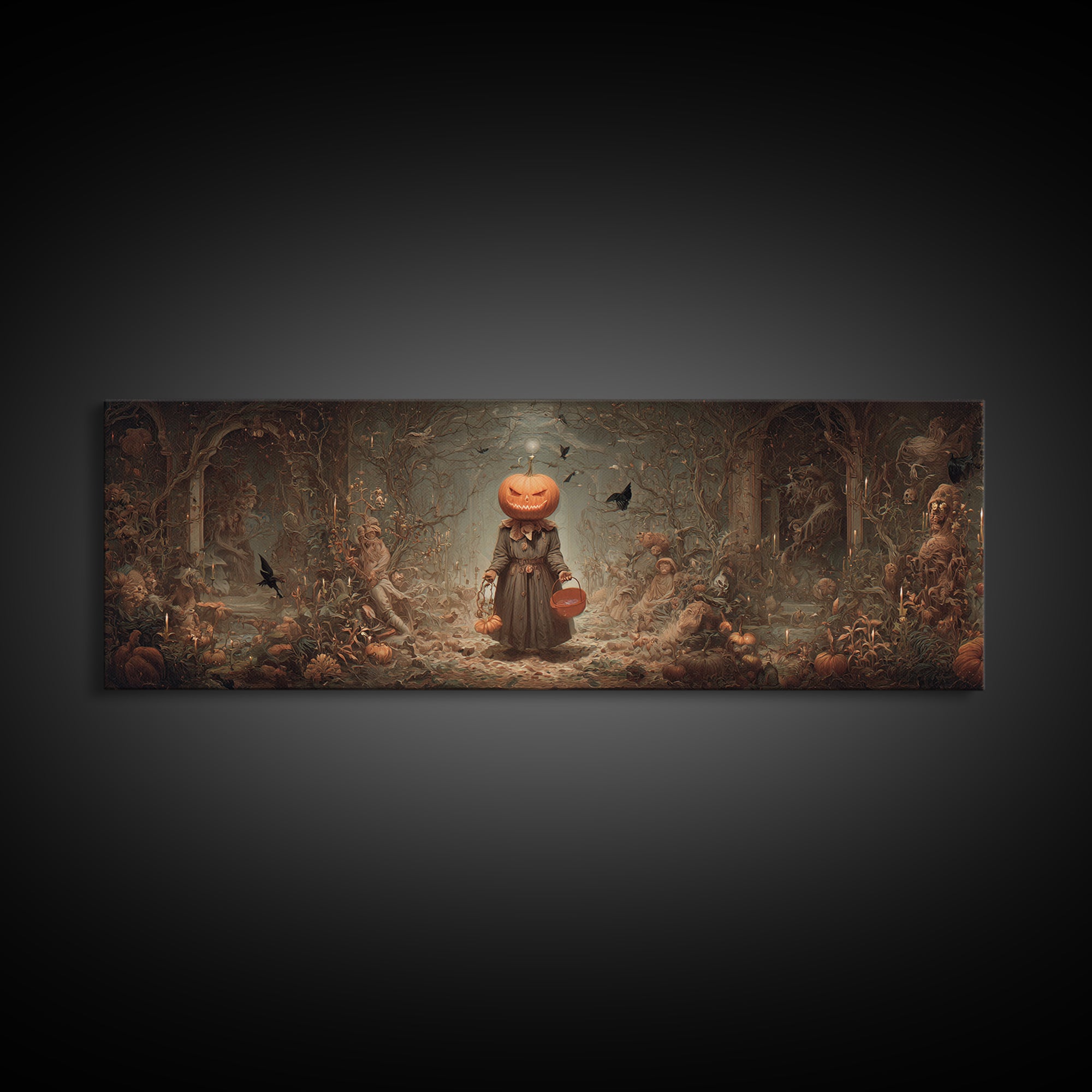 The Pumpkin-Headed Child, Medieval Grotesque Art, Extra Wide Wall Art, Macabre Wall Art, Canvas Print, Halloween Wall Art