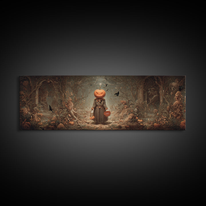 The Pumpkin-Headed Child, Medieval Grotesque Art, Extra Wide Wall Art, Macabre Wall Art, Canvas Print, Halloween Wall Art