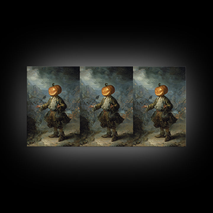The Pumpkin-Headed Child, Northern Renaissance Horror, Wide Panoramic Art, Dark Fantasy Wall Art, Framed Canvas Print