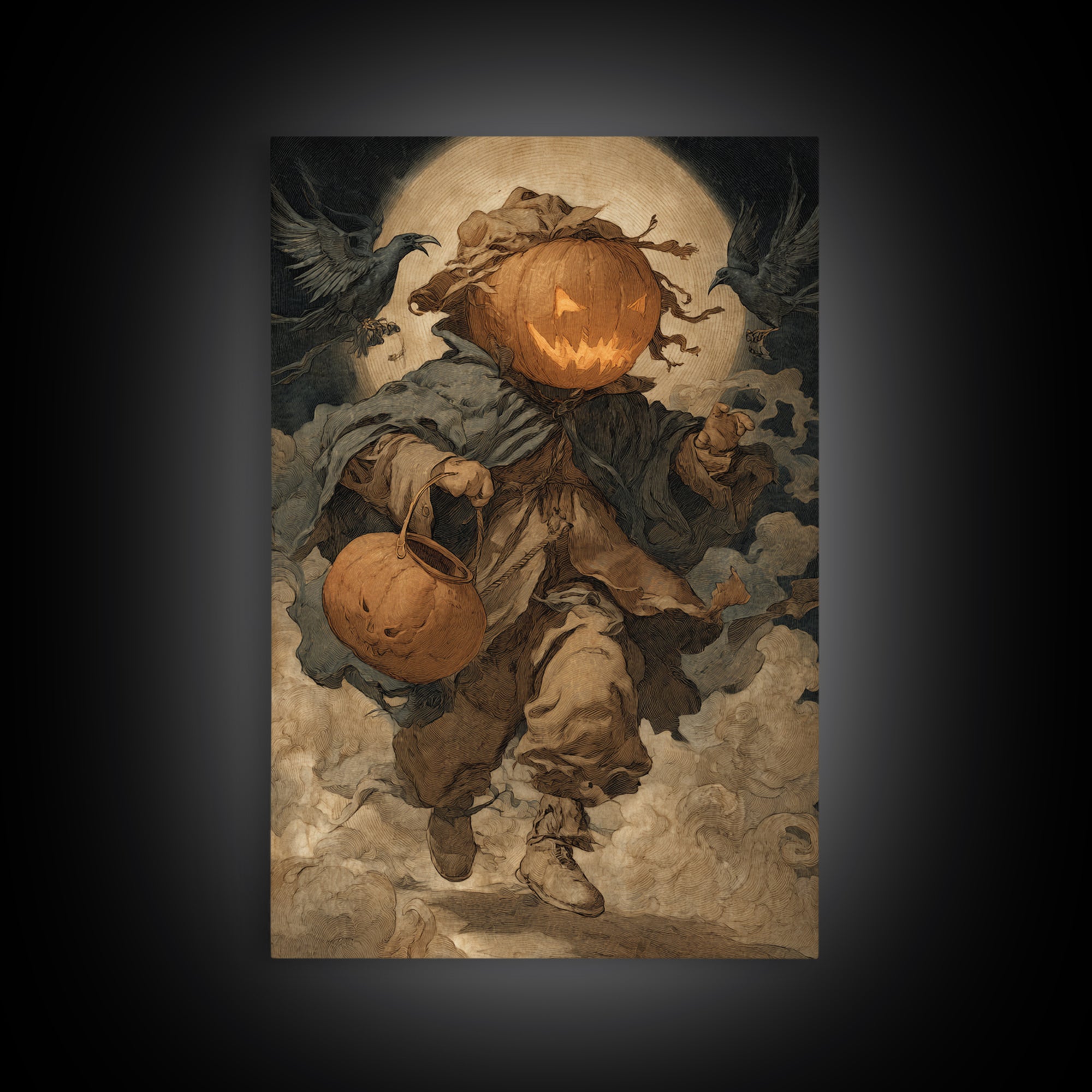 The Pumpkin-Headed Child, Dark Renaissance Art, Vertical Wall Art, Dark Fantasy Wall Art, Framed Canvas Print, Halloween Wall Art