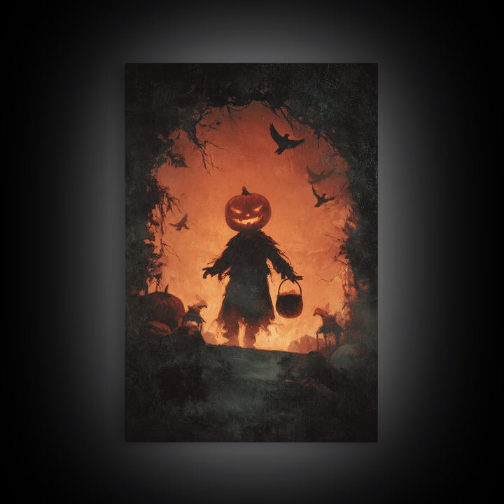 The Pumpkin-Headed Child, Dark Romantic Horror Art, Vertical Wall Art, Macabre Wall Art, Canvas Print, Halloween Wall Art