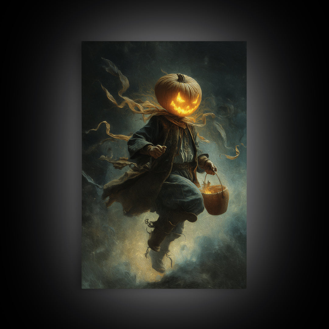 The Pumpkin-Headed Child, Visionary Gothic Art, Vertical Wall Art, Dark Fantasy Wall Art, Framed Canvas Print, Halloween Wall Art