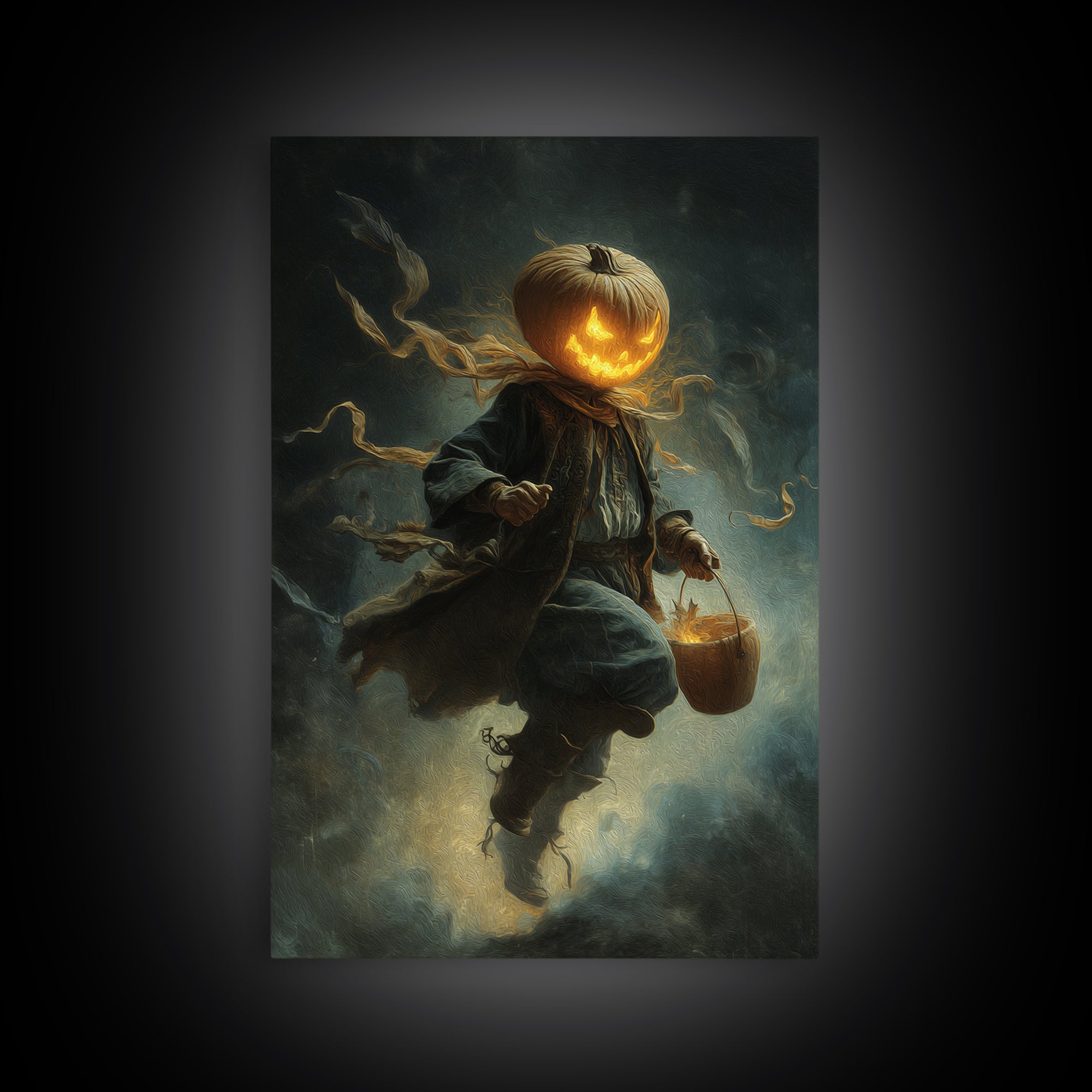 The Pumpkin-Headed Child, Visionary Gothic Art, Vertical Wall Art, Dark Fantasy Wall Art, Framed Canvas Print, Halloween Wall Art