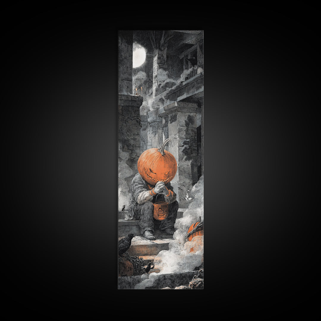 The Pumpkin-Headed Child, Architectural Etching Art, Tall Narrow Wall Art, Macabre Wall Art, Canvas Print, Halloween Wall Art