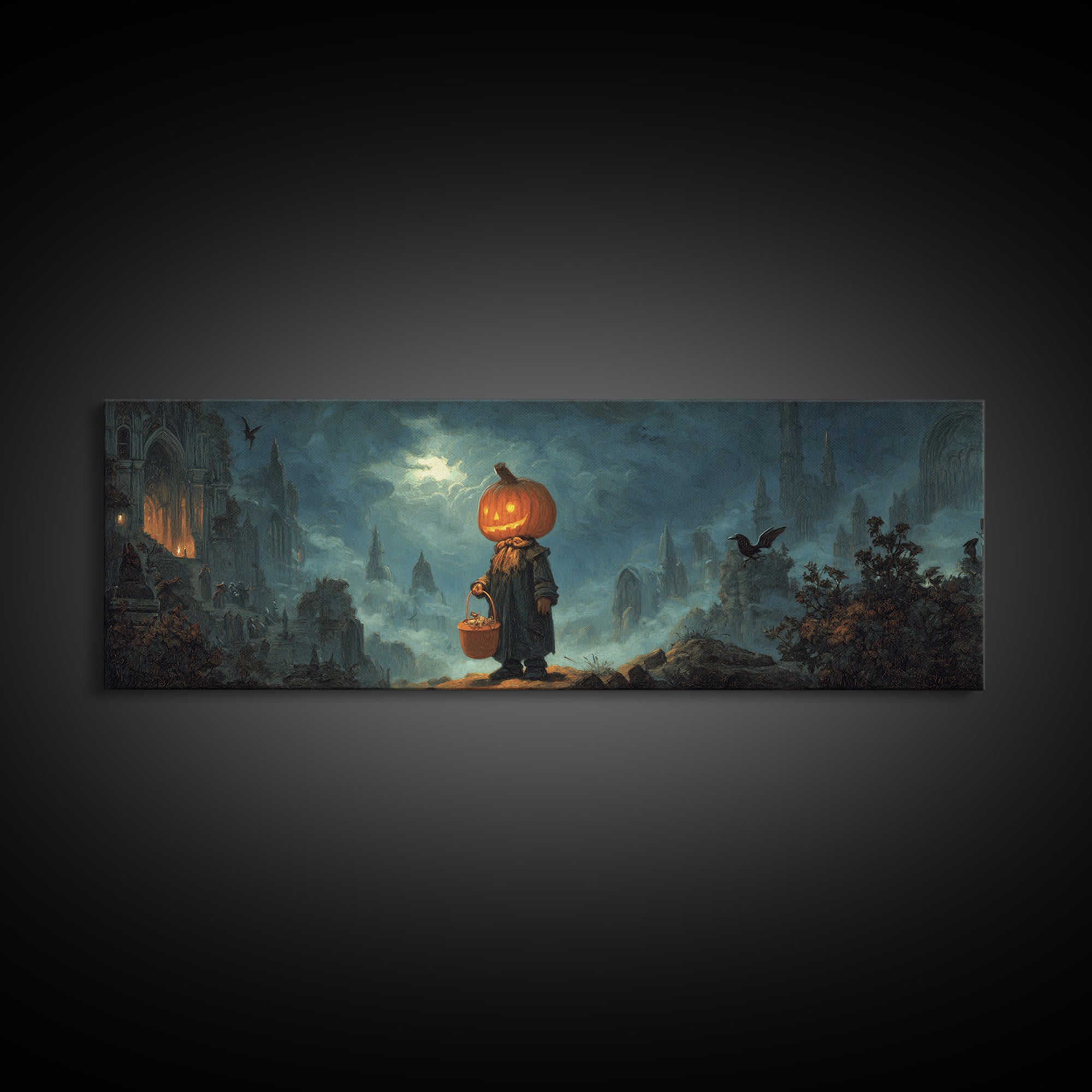 The Pumpkin-Headed Child, Apocalyptic Romantic Art, Extra Wide Wall Art, Gothic Horror Wall Art, Canvas Print, Halloween Wall Art