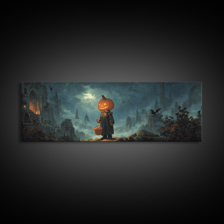 The Pumpkin-Headed Child, Apocalyptic Romantic Art, Extra Wide Wall Art, Gothic Horror Wall Art, Canvas Print, Halloween Wall Art