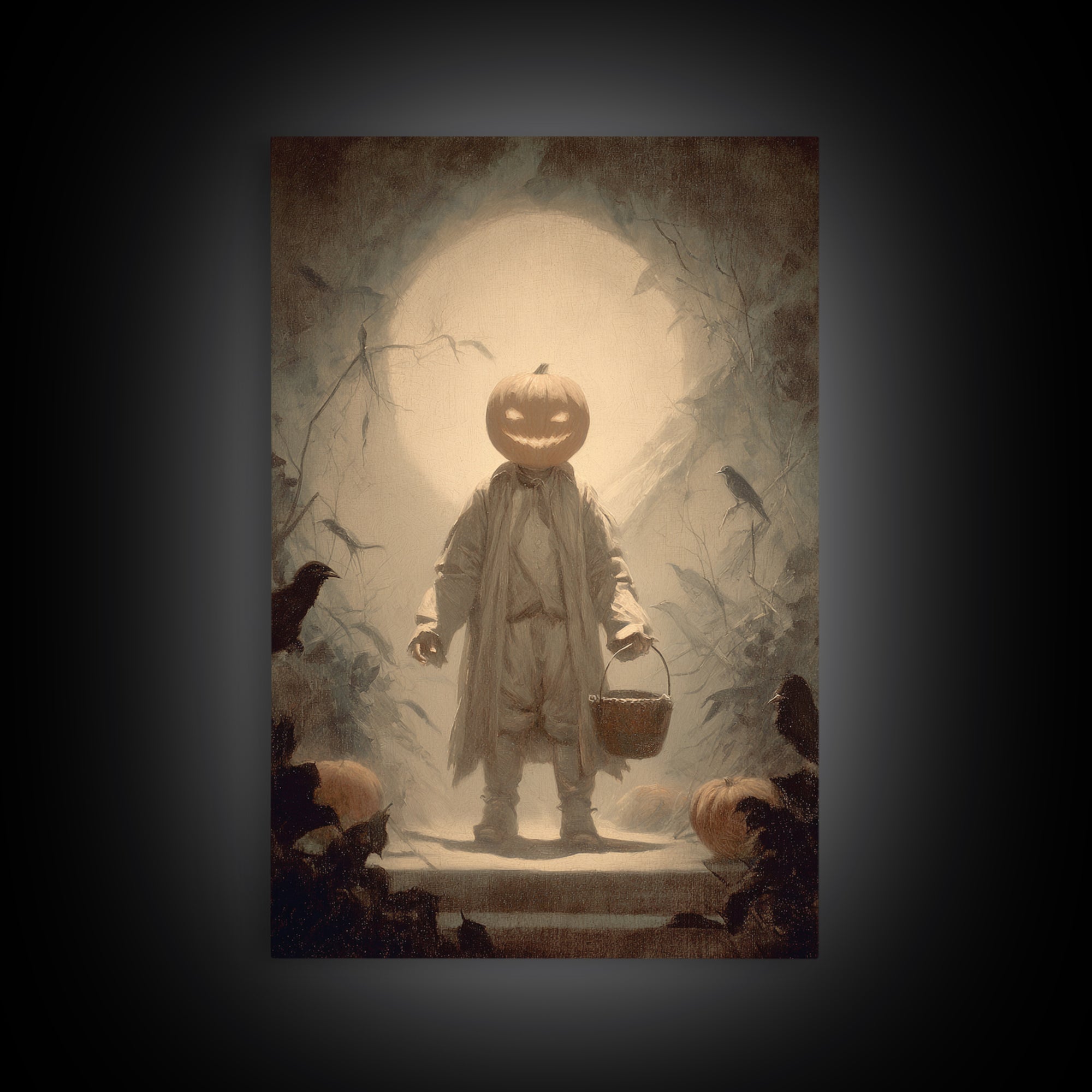 The Pumpkin-Headed Child, Symbolist Dream Art, Vertical Wall Art, Dark Fantasy Wall Art, Framed Canvas Print, Halloween Wall Art