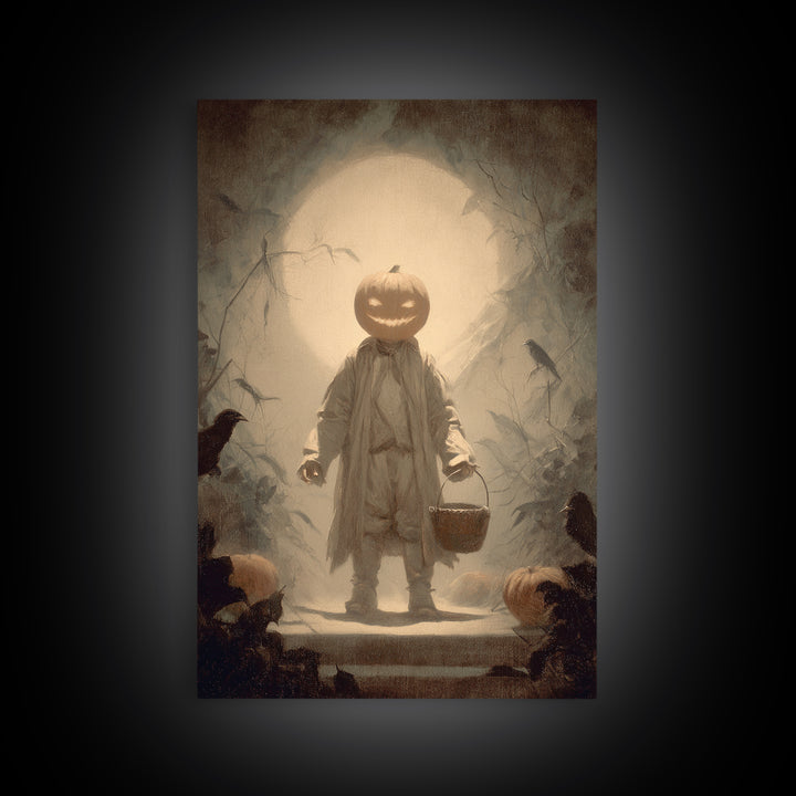 The Pumpkin-Headed Child, Symbolist Dream Art, Vertical Wall Art, Dark Fantasy Wall Art, Framed Canvas Print, Halloween Wall Art