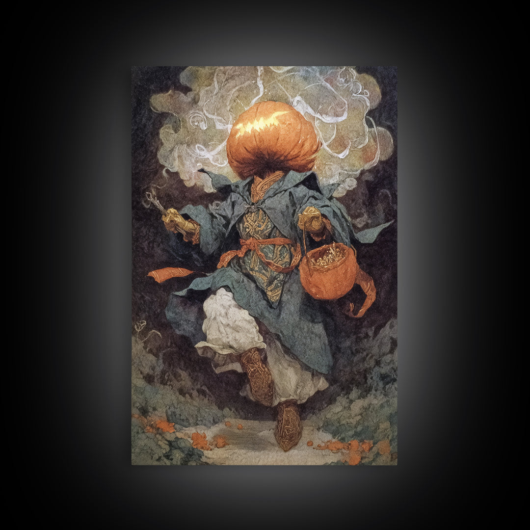 The Pumpkin-Headed Child, Ornate Symbolist Art, Vertical Wall Art, Dark Halloween Decor, Framed Canvas Print, Halloween Wall Art