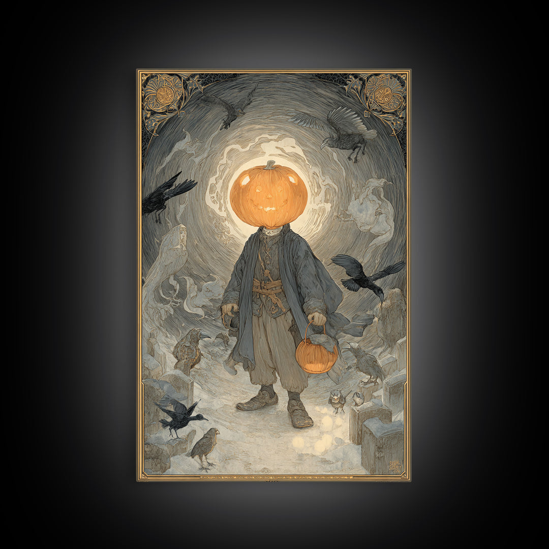 The Pumpkin-Headed Child, Symbolist Death Art, Vertical Wall Art, Dark Fantasy Wall Art, Framed Canvas Print, Halloween Wall Art