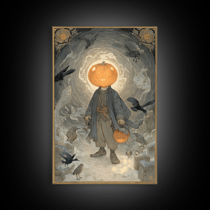 The Pumpkin-Headed Child, Symbolist Death Art, Vertical Wall Art, Dark Fantasy Wall Art, Framed Canvas Print, Halloween Wall Art