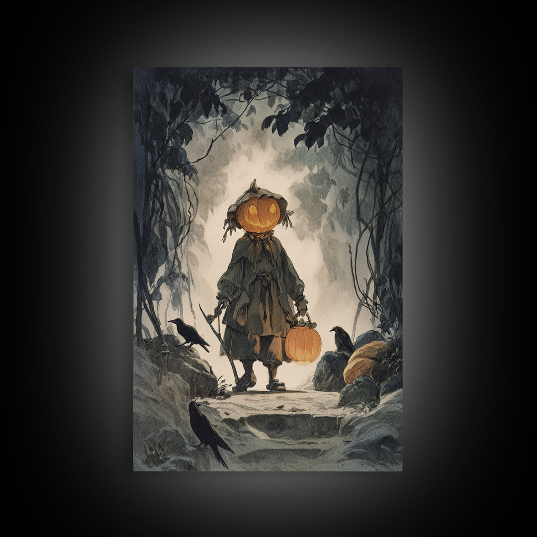 The Pumpkin-Headed Child, Symbolist Etching Art, Vertical Wall Art, Gothic Horror Wall Art, Canvas Print, Halloween Wall Art
