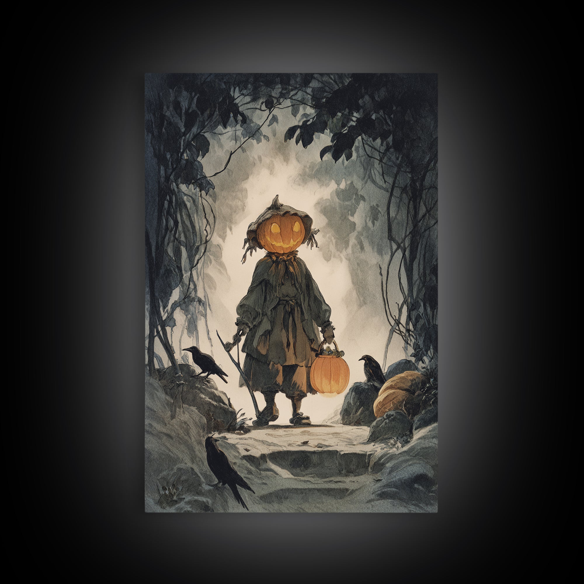 The Pumpkin-Headed Child, Symbolist Etching Art, Vertical Wall Art, Gothic Horror Wall Art, Canvas Print, Halloween Wall Art