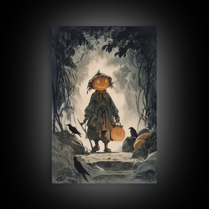 The Pumpkin-Headed Child, Symbolist Etching Art, Vertical Wall Art, Gothic Horror Wall Art, Canvas Print, Halloween Wall Art