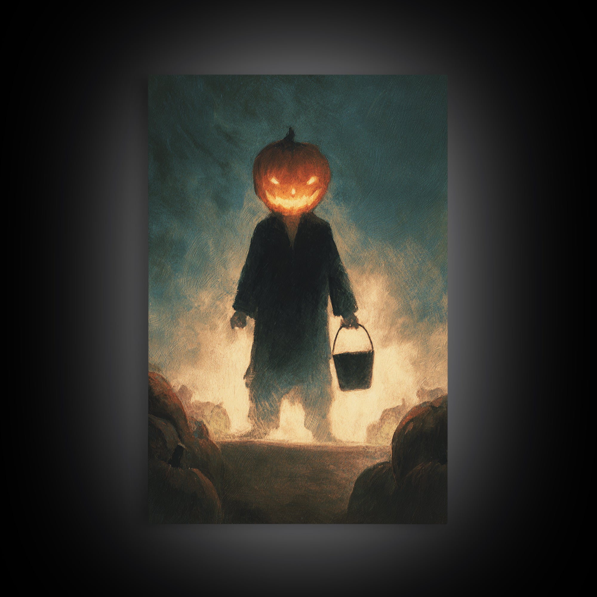 The Pumpkin-Headed Child, Expressionist Gothic Art, Vertical Wall Art, Dark Halloween Decor, Canvas Print, Halloween Wall Art