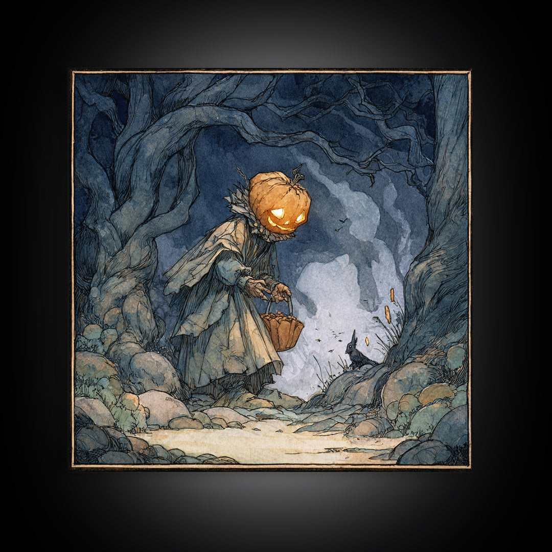 The Pumpkin-Headed Child, Gothic Storybook Art, Square Wall Art, Dark Fantasy Wall Art, Framed Canvas Print, Halloween Wall Art