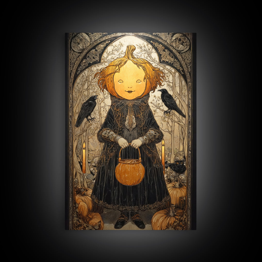 The Pumpkin-Headed Child, Stained Glass Gothic Art, Vertical Wall Art, Dark Fantasy Wall Art, Framed Canvas Print, Halloween Wall Art