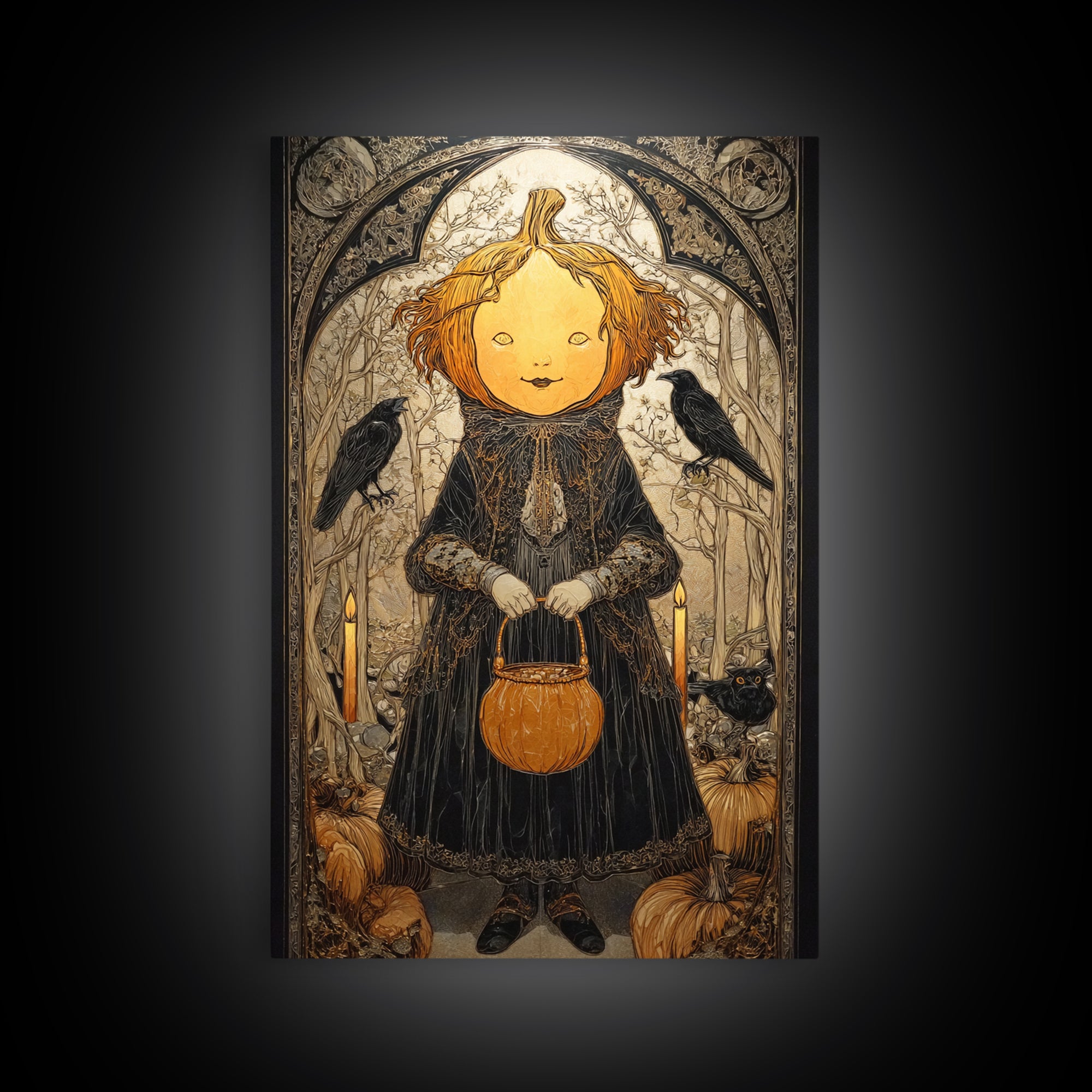 The Pumpkin-Headed Child, Stained Glass Gothic Art, Vertical Wall Art, Dark Fantasy Wall Art, Framed Canvas Print, Halloween Wall Art