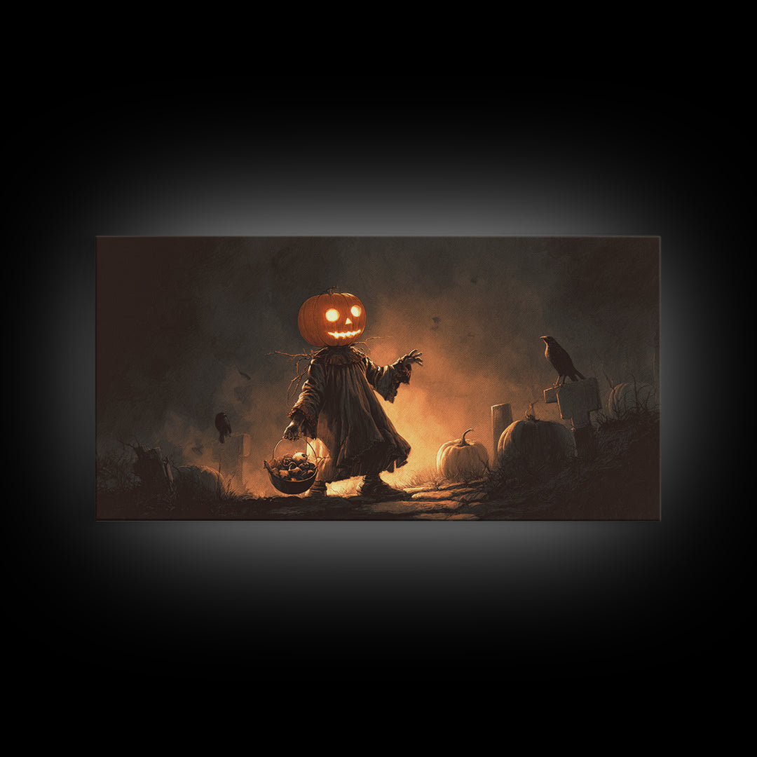 The Pumpkin-Headed Child, Macabre Folk Print Art, Wide Panoramic Art, Dark Halloween Decor, Canvas Print, Halloween Wall Art