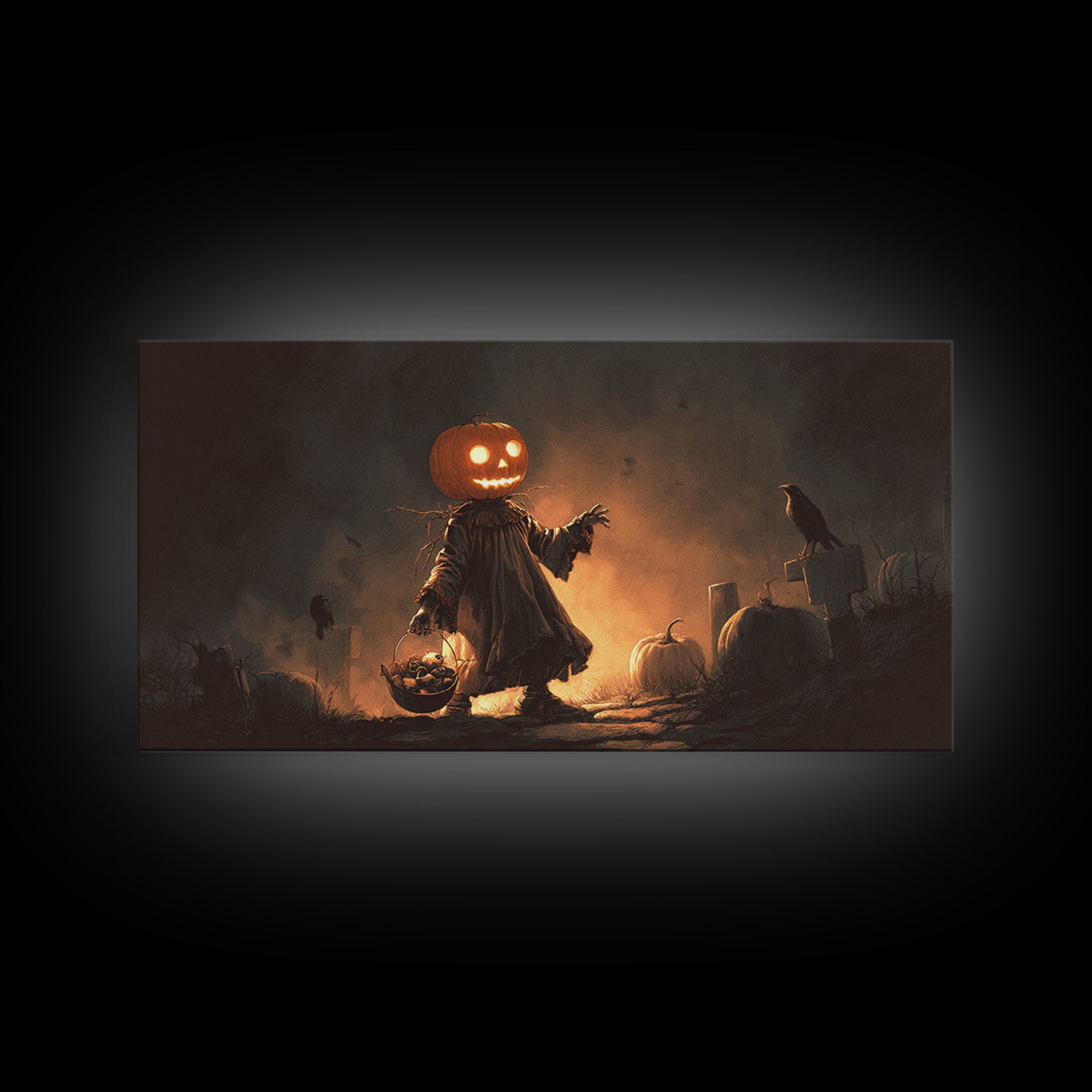 The Pumpkin-Headed Child, Macabre Folk Print Art, Wide Panoramic Art, Dark Halloween Decor, Canvas Print, Halloween Wall Art