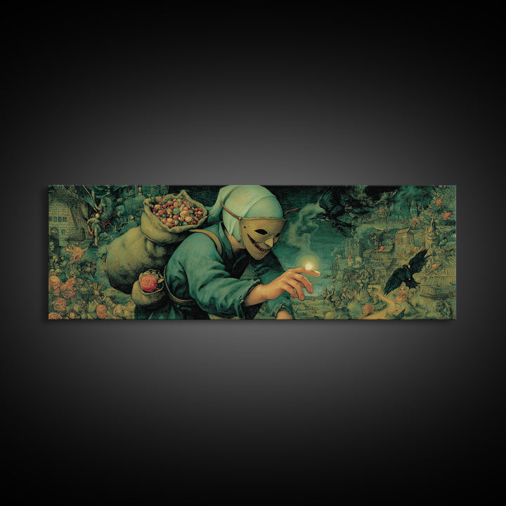 The Masked Candy Collector, Medieval Grotesque Art, Extra Wide Wall Art, Dark Fantasy Wall Art, Framed Canvas Print