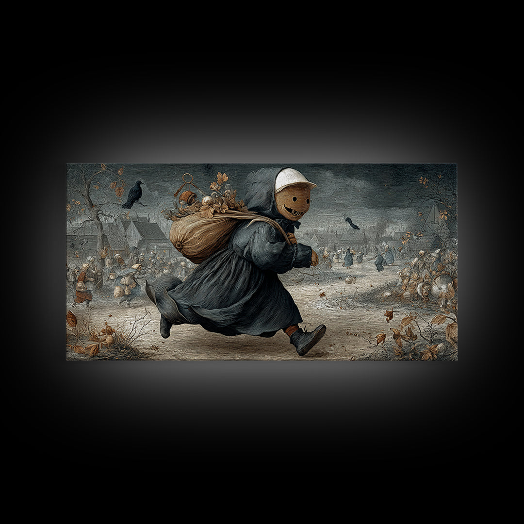 The Masked Candy Collector, Northern Renaissance Horror, Wide Panoramic Art, Gothic Horror Wall Art, Framed Canvas Print
