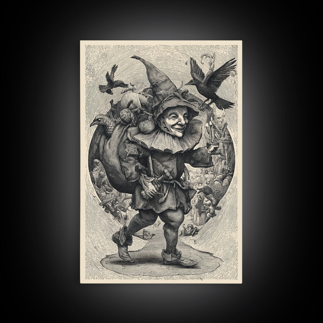 The Masked Candy Collector, Renaissance Engraving Art, Vertical Wall Art, Gothic Horror Wall Art, Framed Canvas Print, Halloween Wall Art