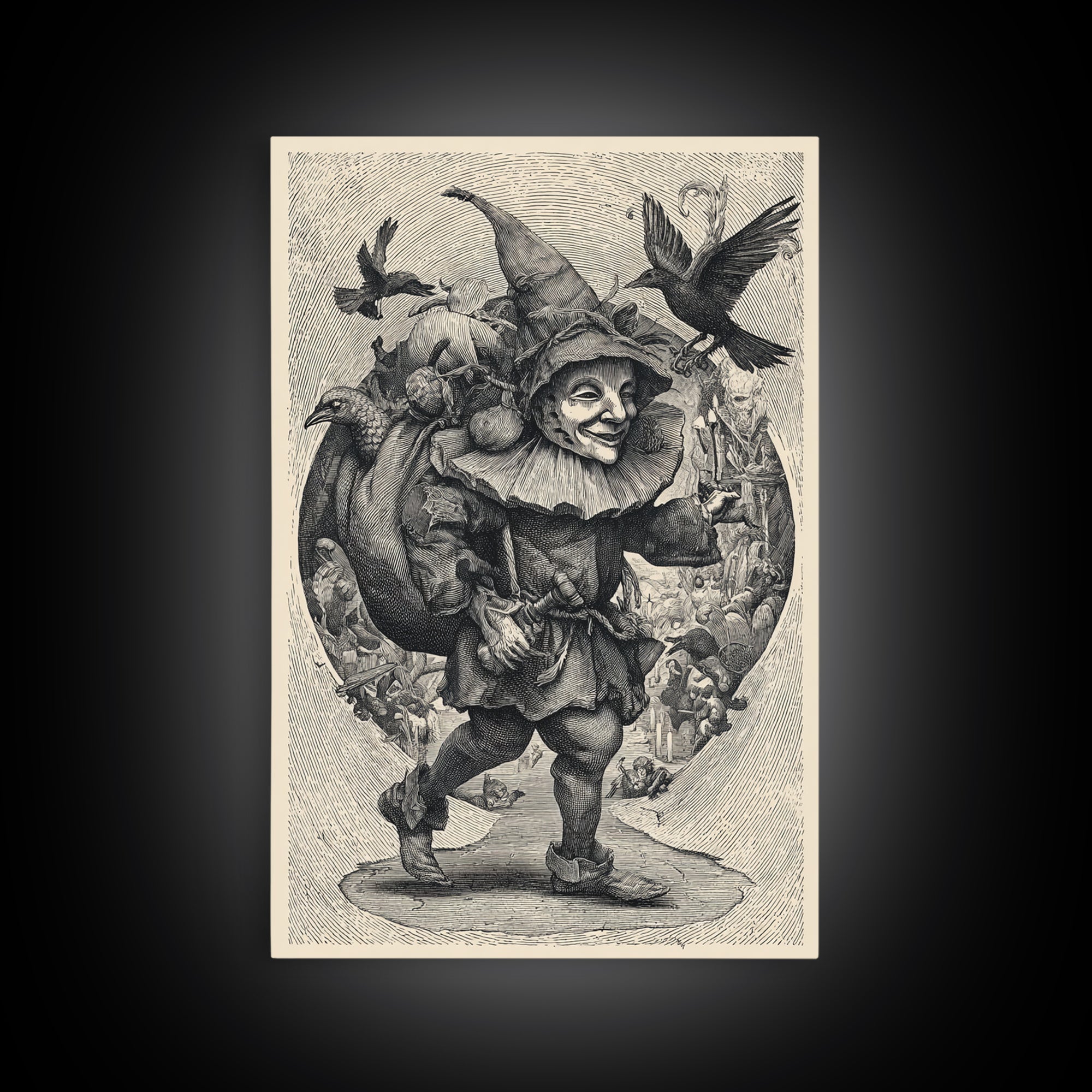 The Masked Candy Collector, Renaissance Engraving Art, Vertical Wall Art, Gothic Horror Wall Art, Framed Canvas Print, Halloween Wall Art