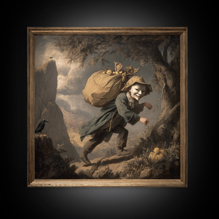 The Masked Candy Collector, Baroque Witchcraft Art, Square Wall Art, Dark Halloween Decor, Framed Canvas Print, Halloween Wall Art