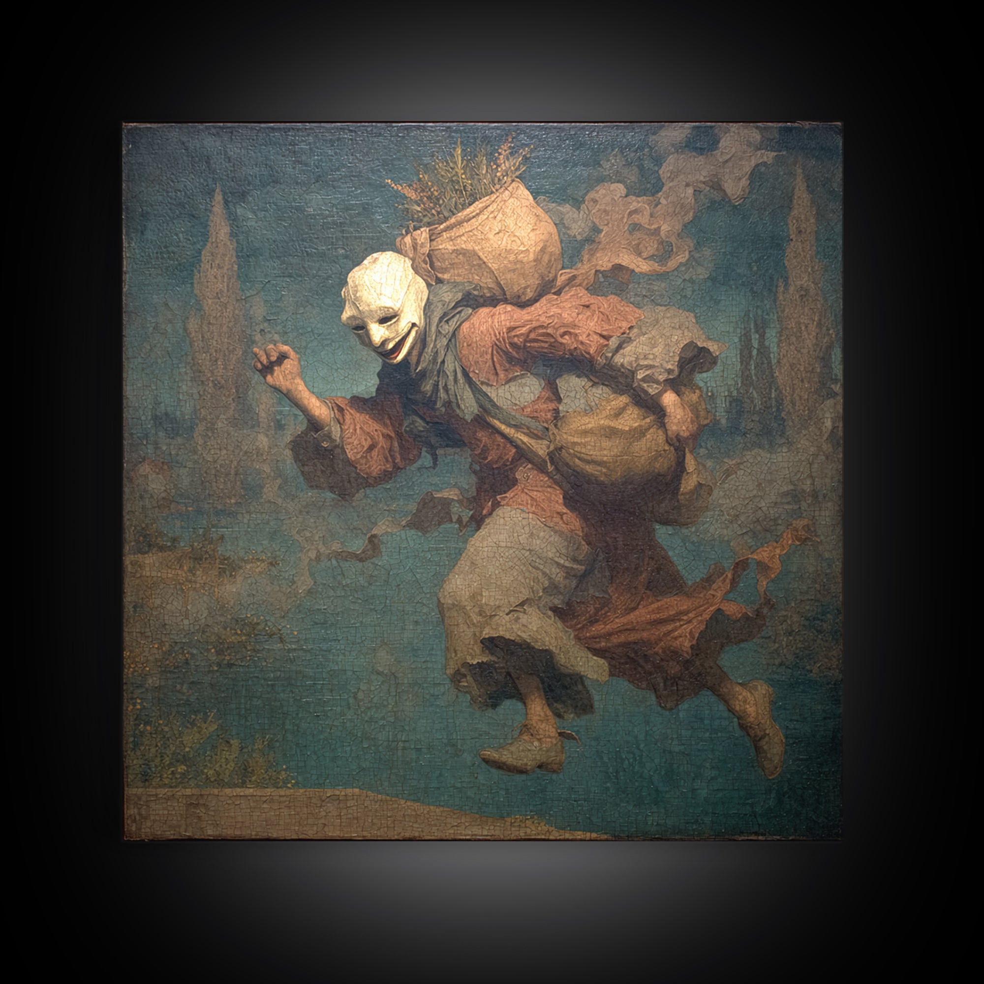 The Masked Candy Collector, Symbolist Gothic Landscape, Square Wall Art, Dark Halloween Decor, Canvas Print, Halloween Wall Art