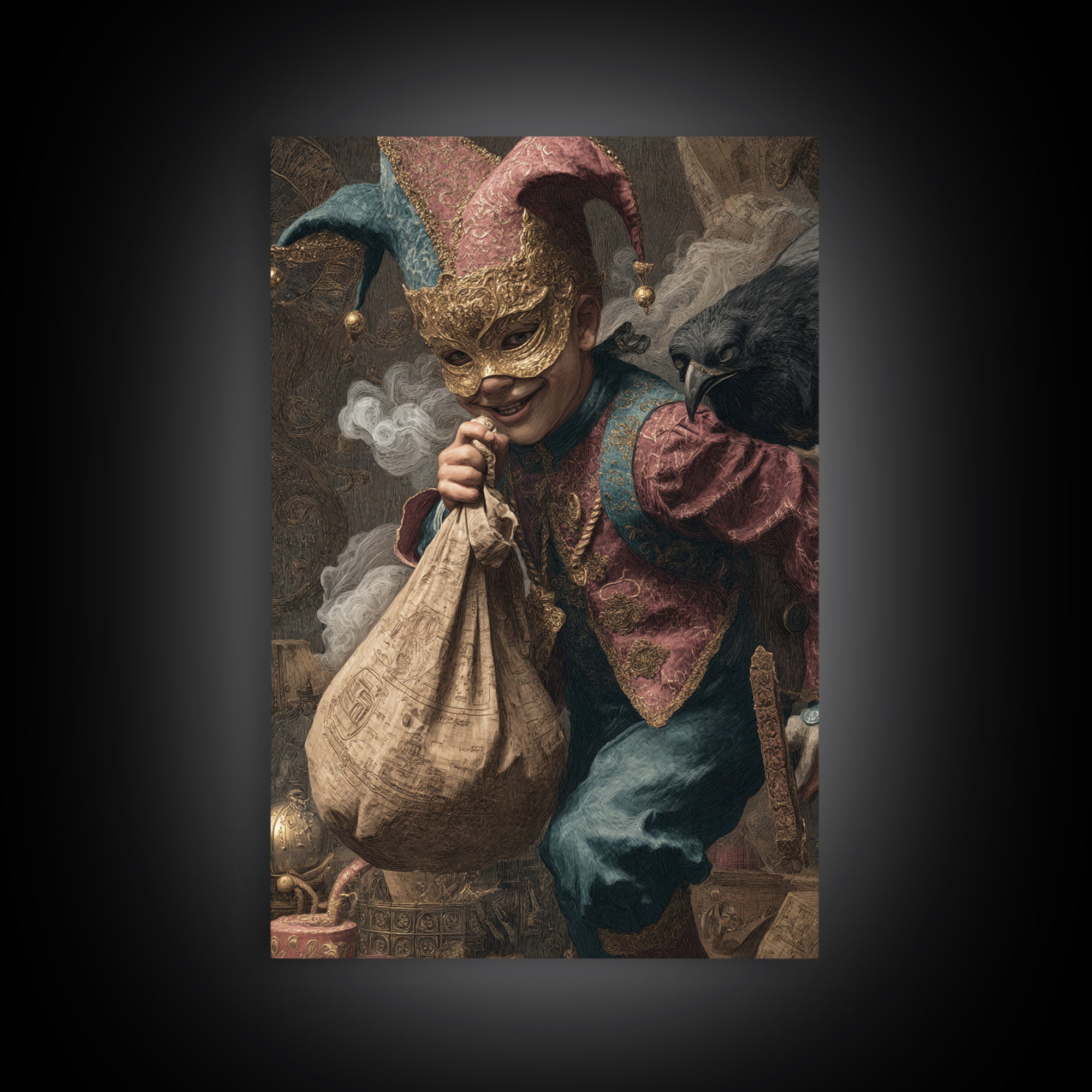 The Masked Candy Collector, Ornate Symbolist Art, Vertical Wall Art, Dark Fantasy Wall Art, Framed Canvas Print, Halloween Wall Art
