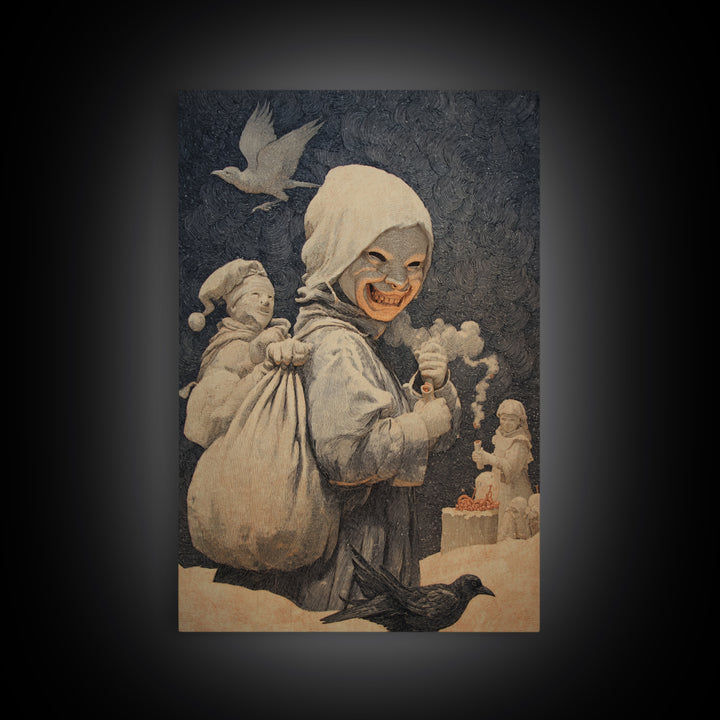 The Masked Candy Collector, Symbolist Death Art, Vertical Wall Art, Dark Halloween Decor, Canvas Print, Halloween Wall Art
