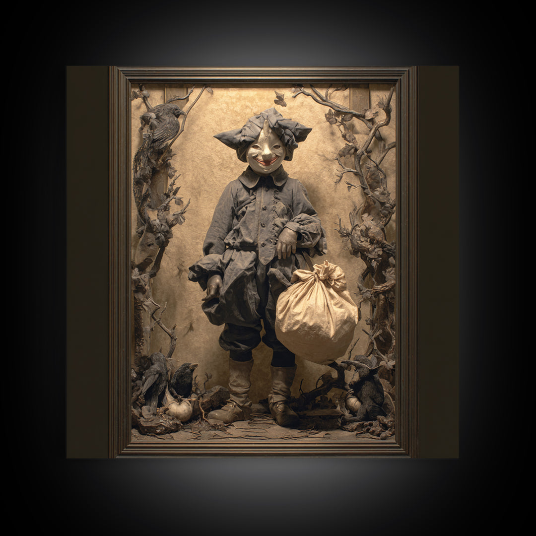 The Masked Candy Collector, Dark Symbolist Art, Square Wall Art, Dark Halloween Decor, Canvas Print, Halloween Wall Art