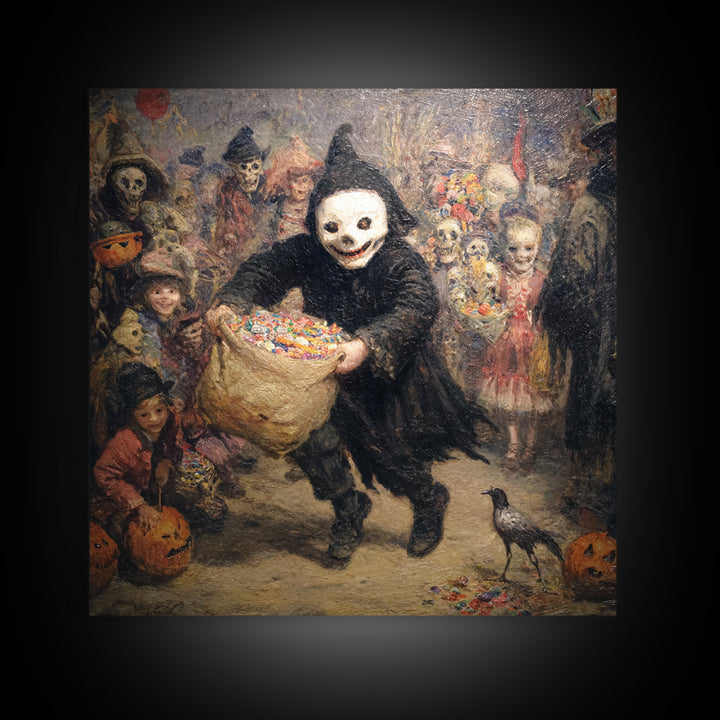 The Masked Candy Collector, Grotesque Carnival Art, Square Wall Art, Macabre Wall Art, Canvas Print, Halloween Wall Art, Dark Fantasy Art