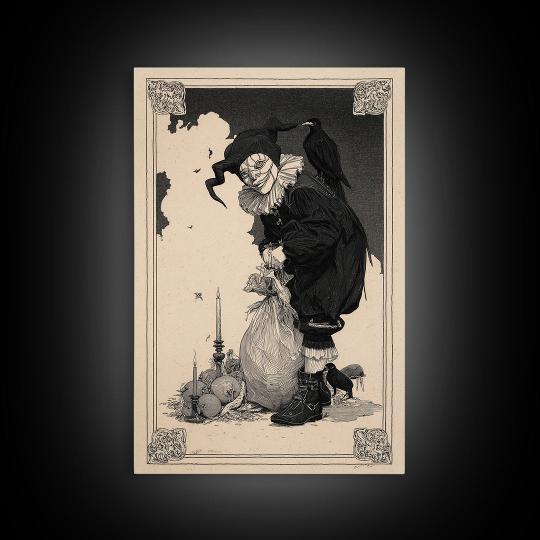 The Masked Candy Collector, Decadent Line Art, Vertical Wall Art, Macabre Wall Art, Canvas Print, Halloween Wall Art