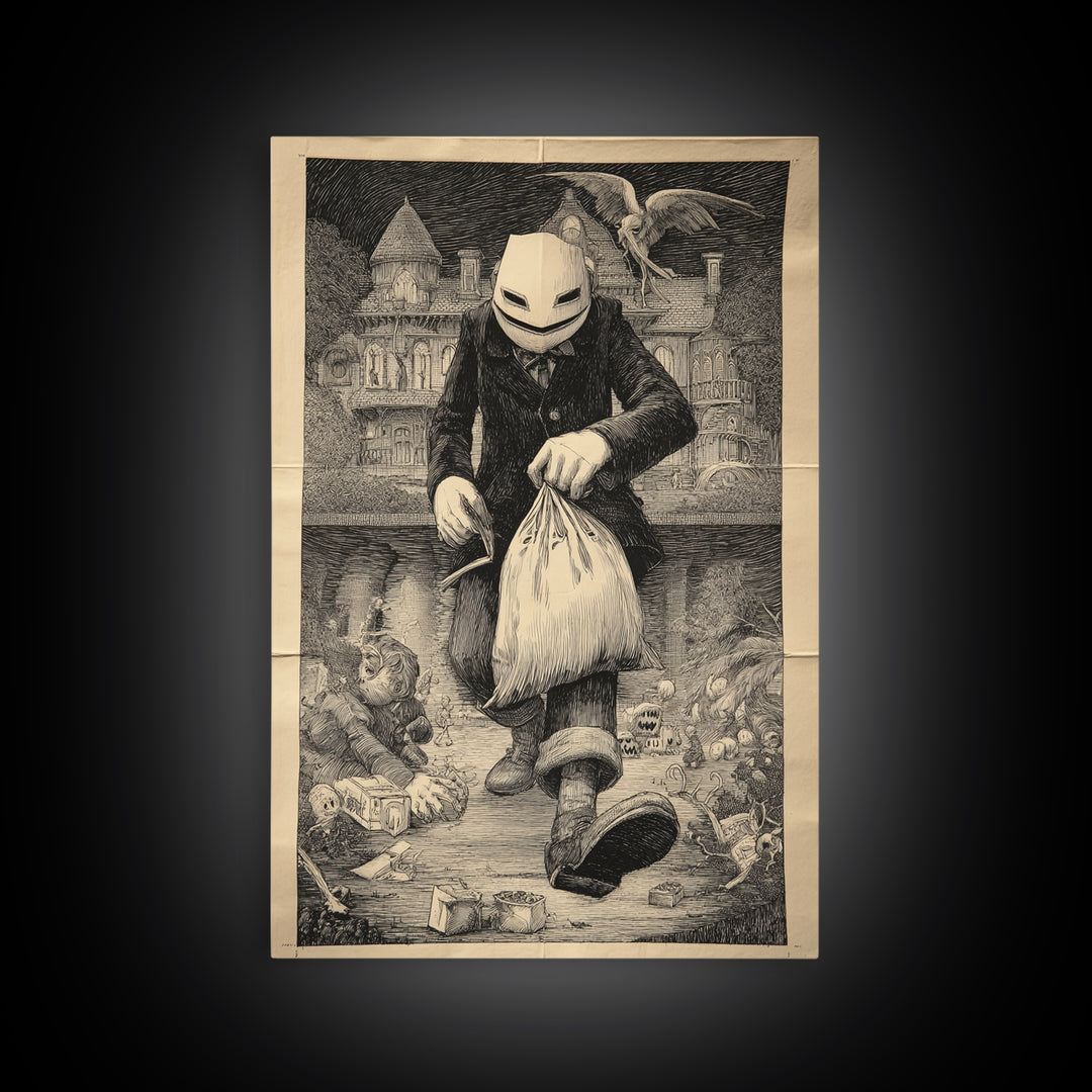 The Masked Candy Collector, Victorian Macabre Art, Vertical Wall Art, Dark Halloween Decor, Canvas Print, Halloween Wall Art