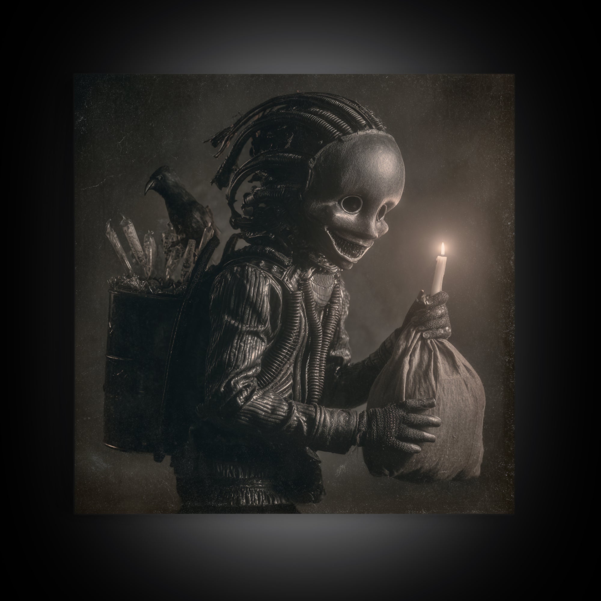 The Masked Candy Collector, Biomechanical Horror Art, Square Wall Art, Dark Halloween Decor, Framed Canvas Print, Halloween Wall Art