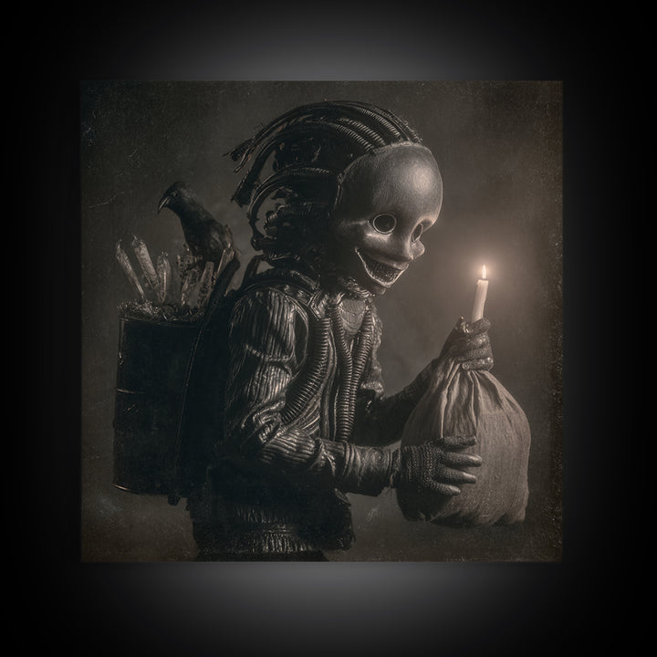 The Masked Candy Collector, Biomechanical Horror Art, Square Wall Art, Dark Halloween Decor, Framed Canvas Print, Halloween Wall Art