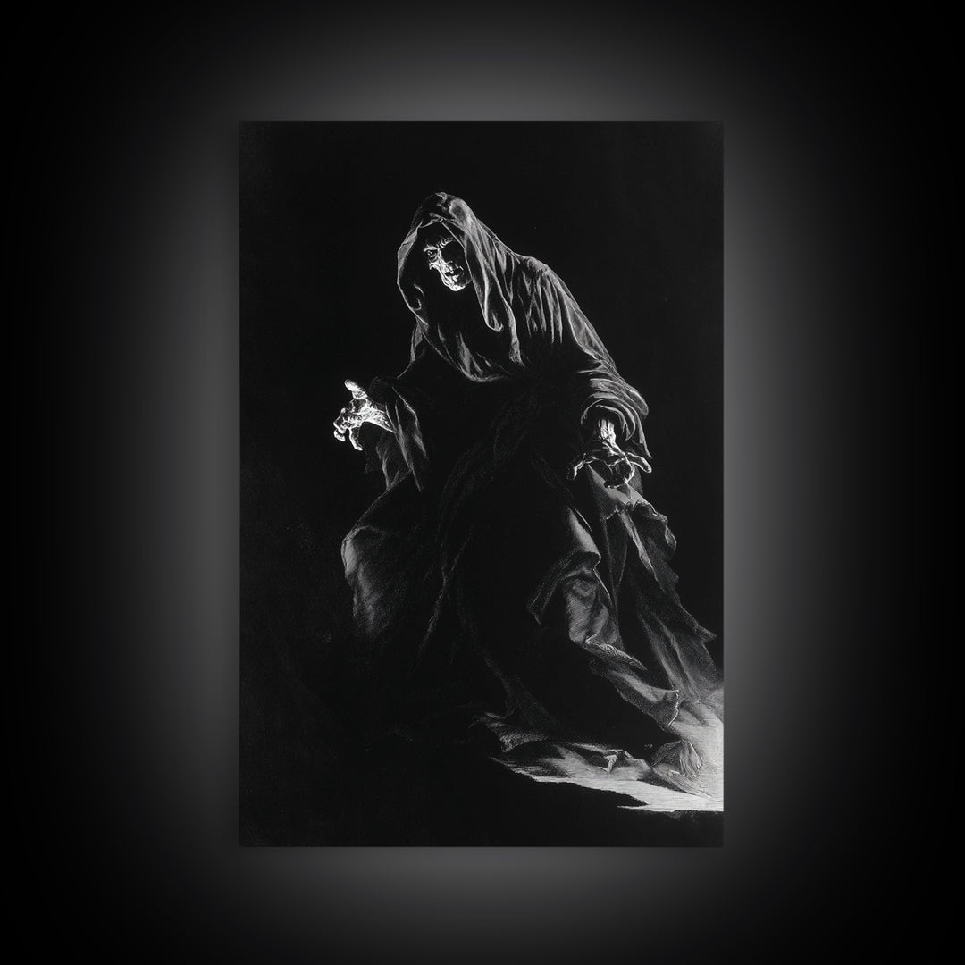 The Shadow Person, Baroque Witchcraft Art, Vertical Wall Art, Dark Halloween Decor, Framed Canvas Print, Halloween Wall Art