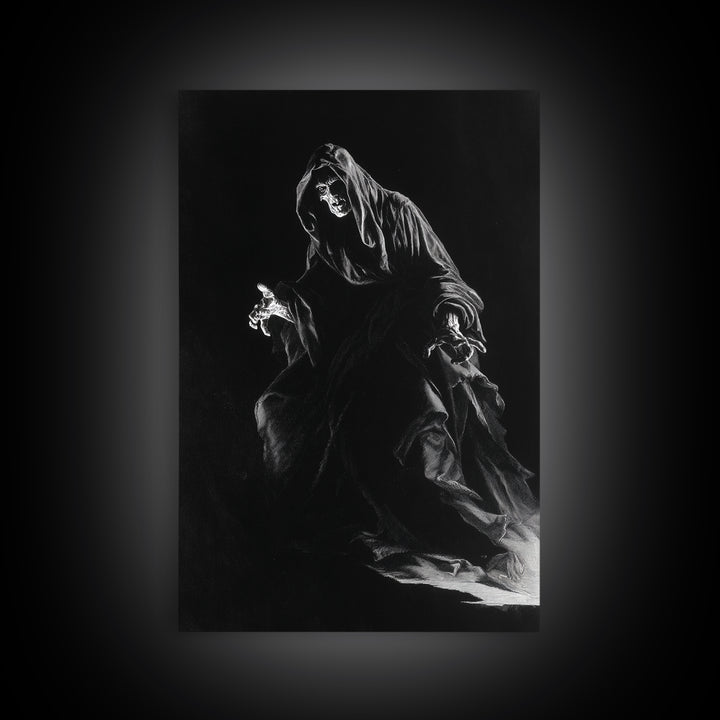 The Shadow Person, Baroque Witchcraft Art, Vertical Wall Art, Dark Halloween Decor, Framed Canvas Print, Halloween Wall Art
