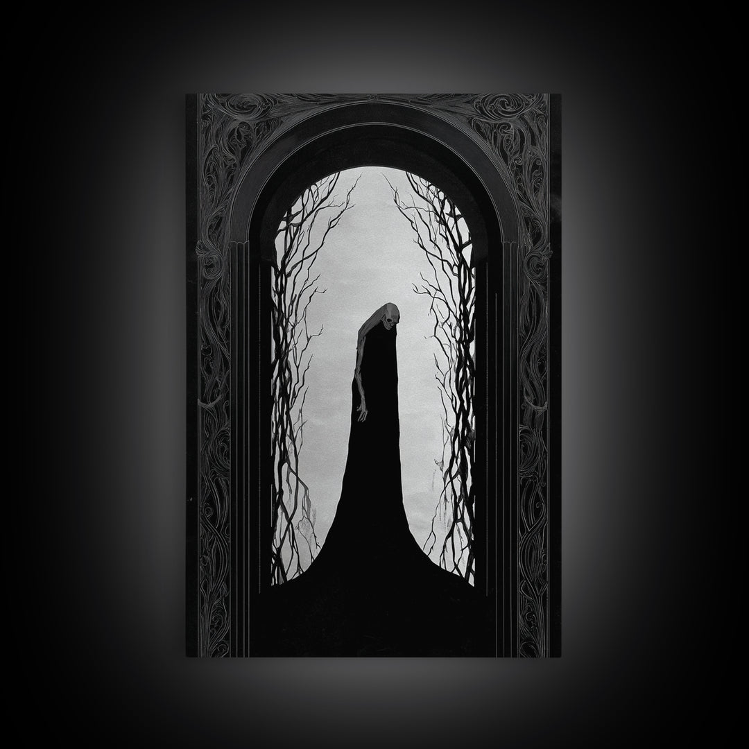 The Shadow Person, Decadent Line Art, Vertical Wall Art, Dark Halloween Decor, Framed Canvas Print, Halloween Wall Art
