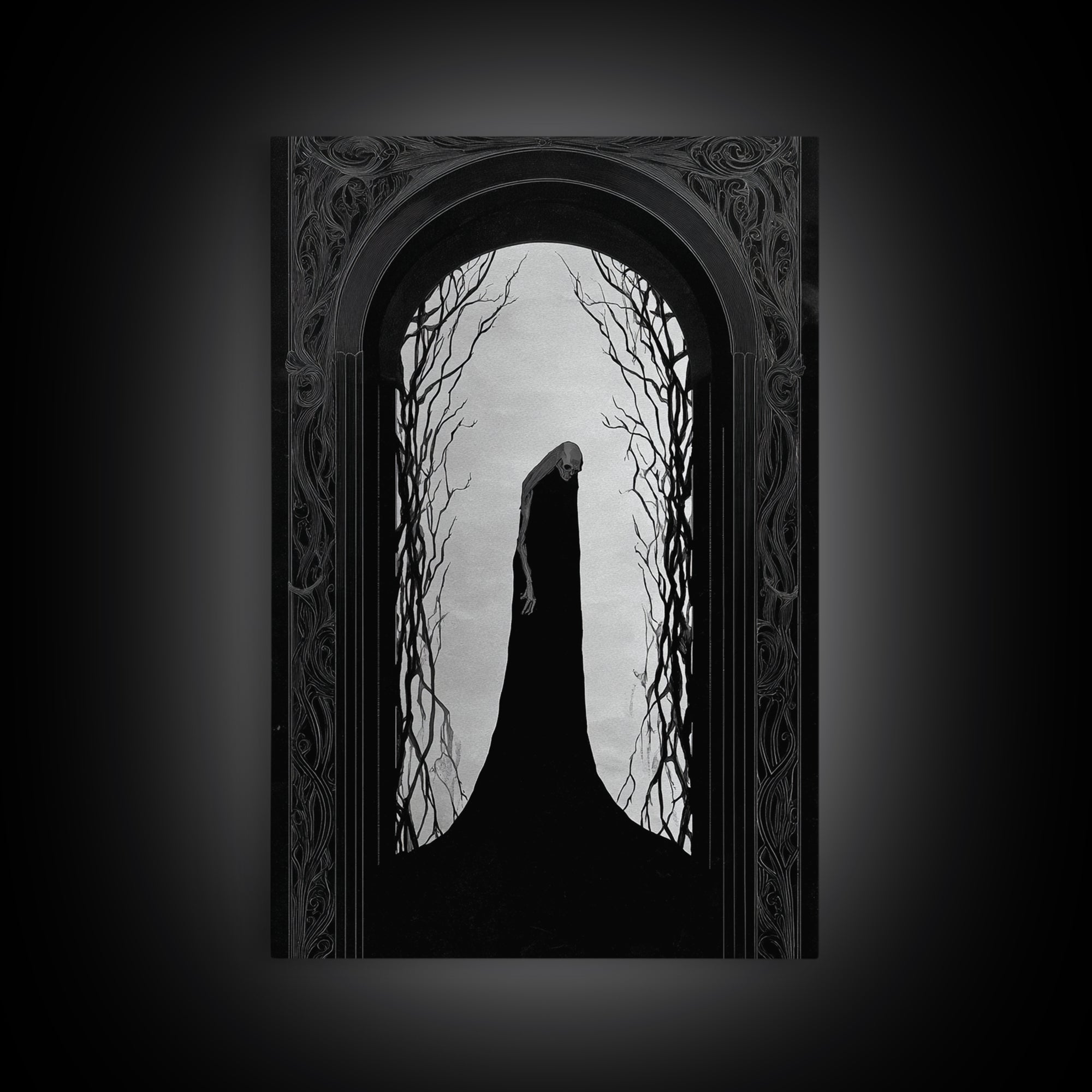 The Shadow Person, Decadent Line Art, Vertical Wall Art, Dark Halloween Decor, Framed Canvas Print, Halloween Wall Art