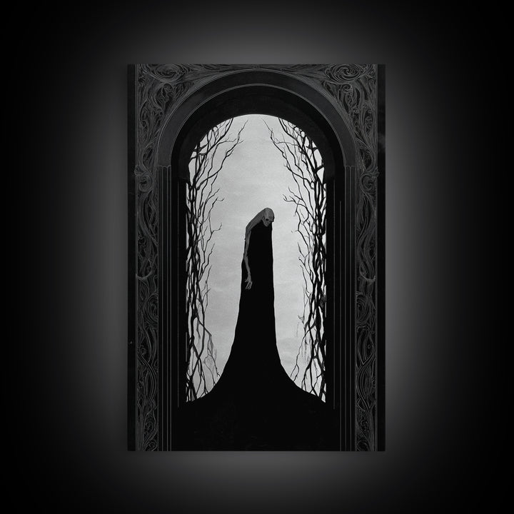 The Shadow Person, Decadent Line Art, Vertical Wall Art, Dark Halloween Decor, Framed Canvas Print, Halloween Wall Art