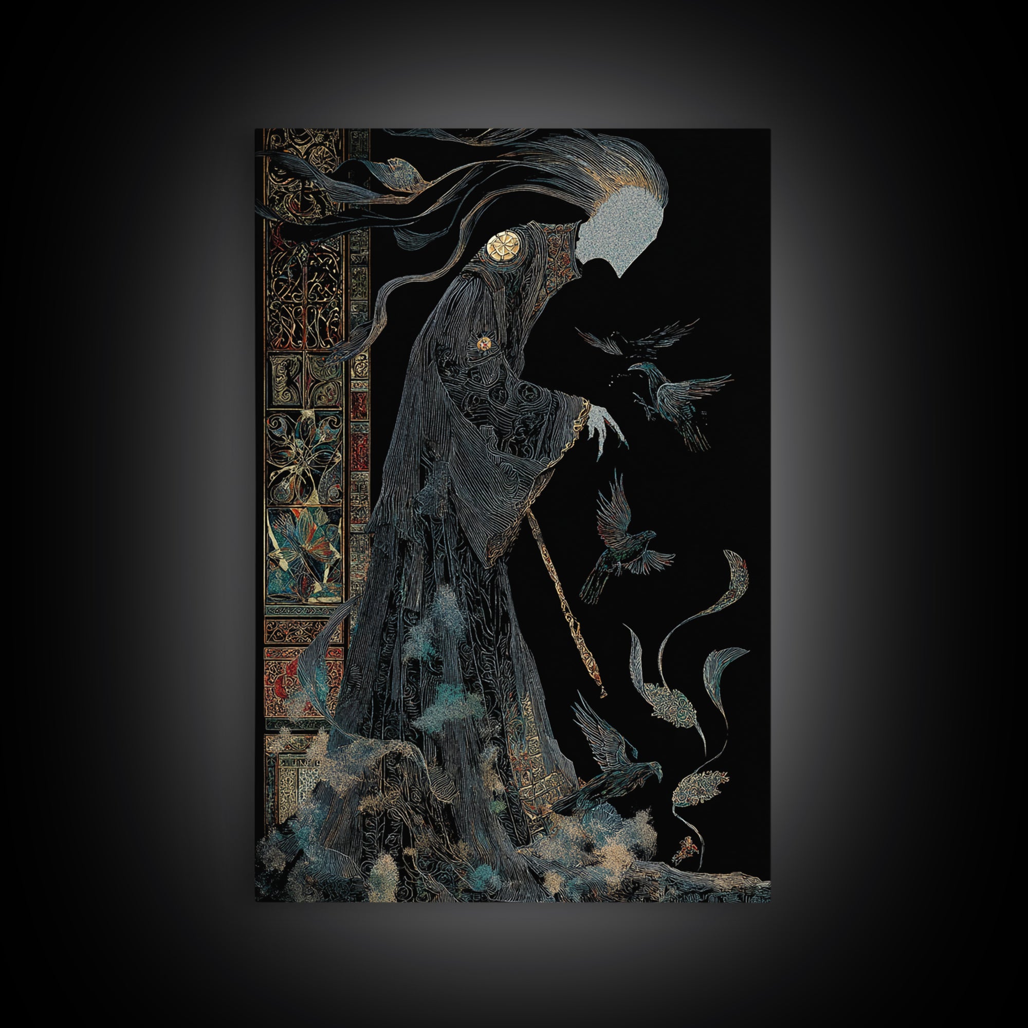 The Shadow Person, Stained Glass Gothic Art, Vertical Wall Art, Dark Halloween Decor, Canvas Print, Halloween Wall Art