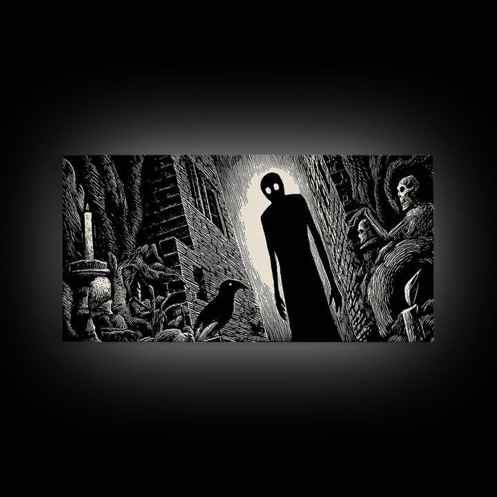The Shadow Person, Macabre Folk Print Art, Wide Panoramic Art, Dark Halloween Decor, Canvas Print, Halloween Wall Art