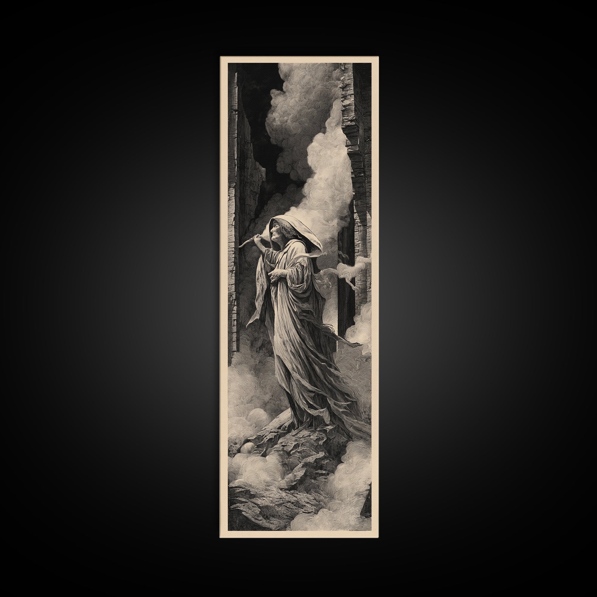 The Banshee Singer, Gothic Engraving Art, Tall Narrow Wall Art, Dark Fantasy Wall Art, Framed Canvas Print, Halloween Wall Art