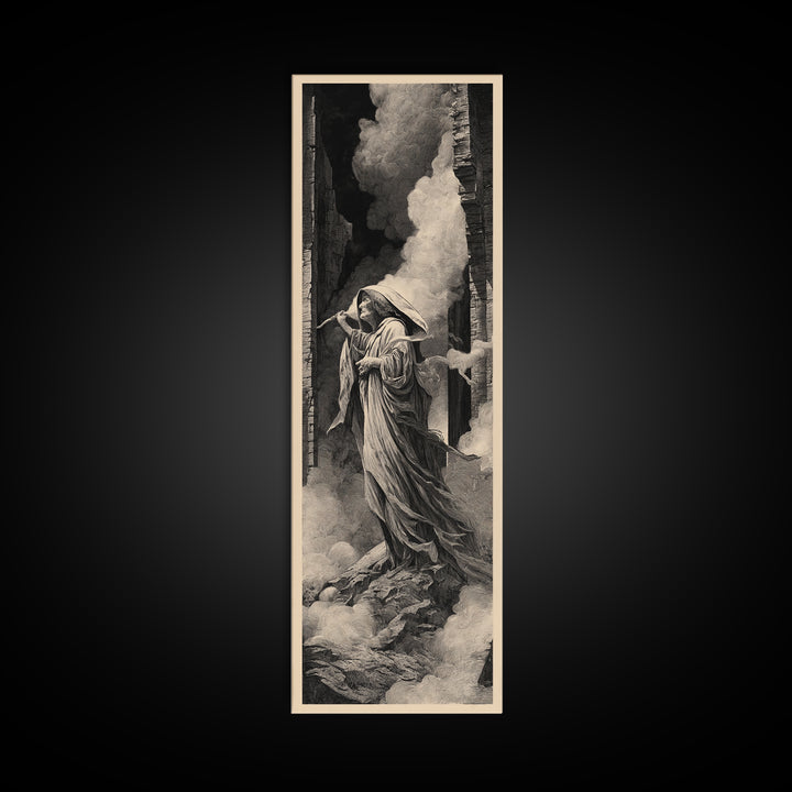 The Banshee Singer, Gothic Engraving Art, Tall Narrow Wall Art, Dark Fantasy Wall Art, Framed Canvas Print, Halloween Wall Art