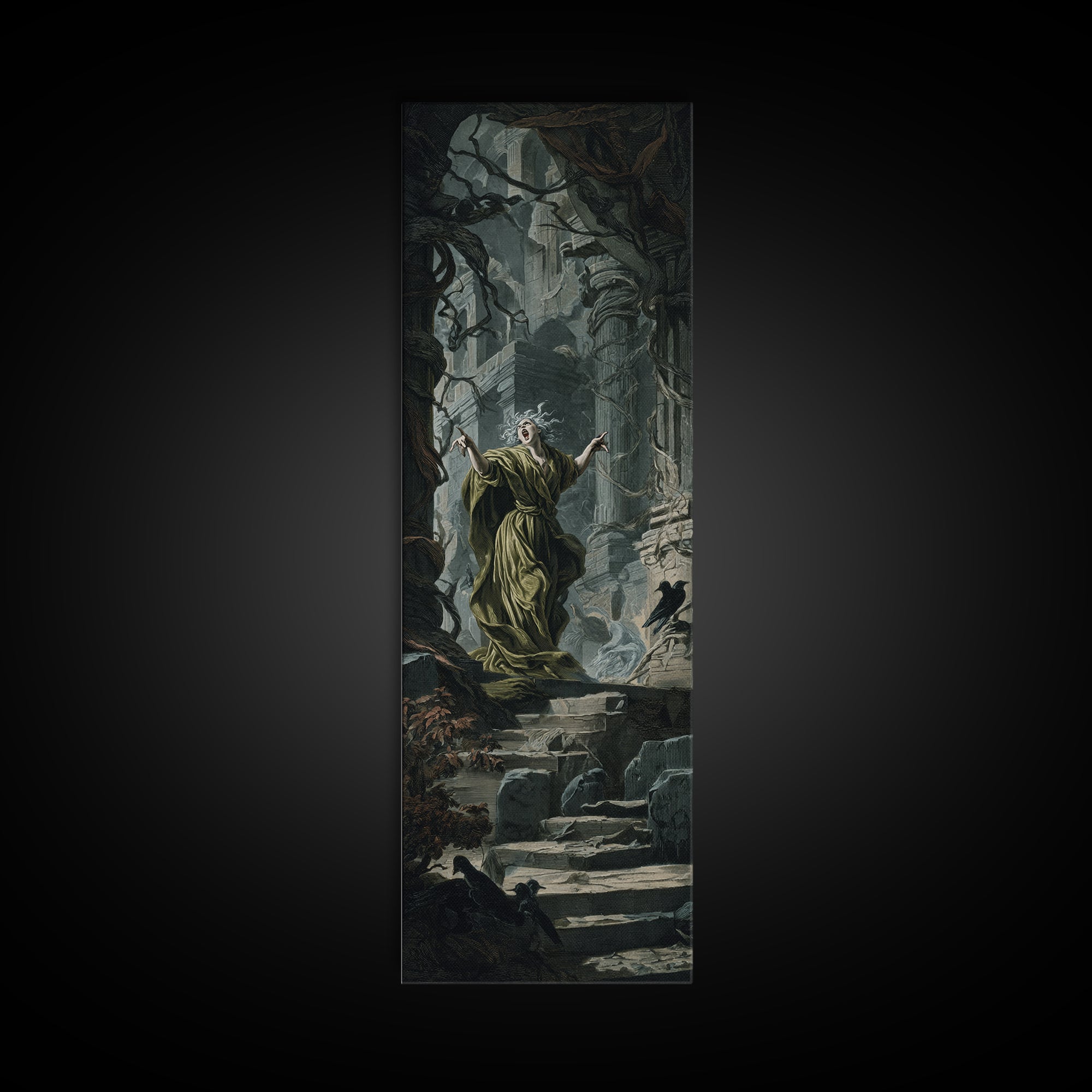 The Banshee Singer, Architectural Etching Art, Tall Narrow Wall Art, Gothic Horror Wall Art, Framed Canvas Print