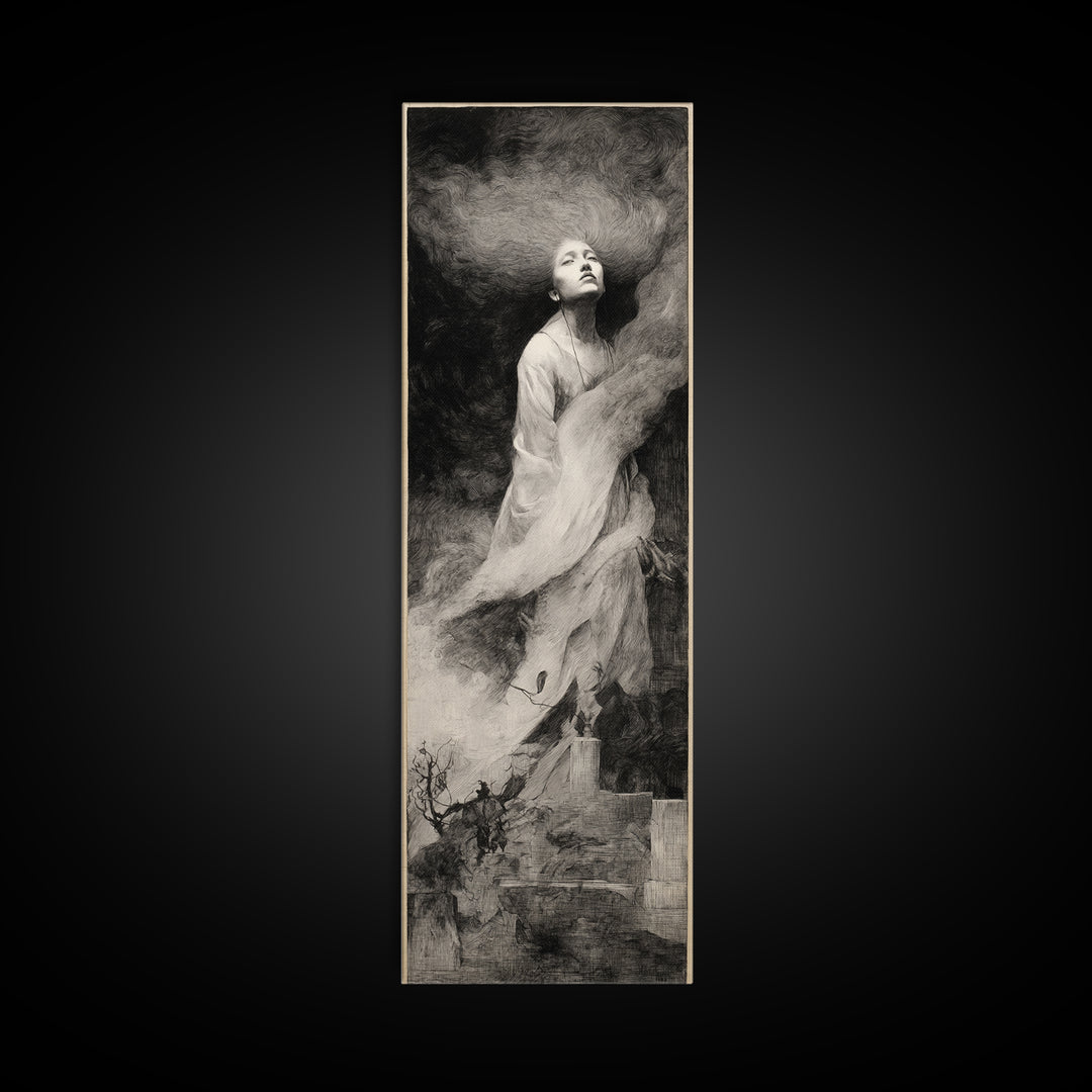 The Banshee Singer, Symbolist Dream Art, Tall Narrow Wall Art, Dark Halloween Decor, Canvas Print, Halloween Wall Art