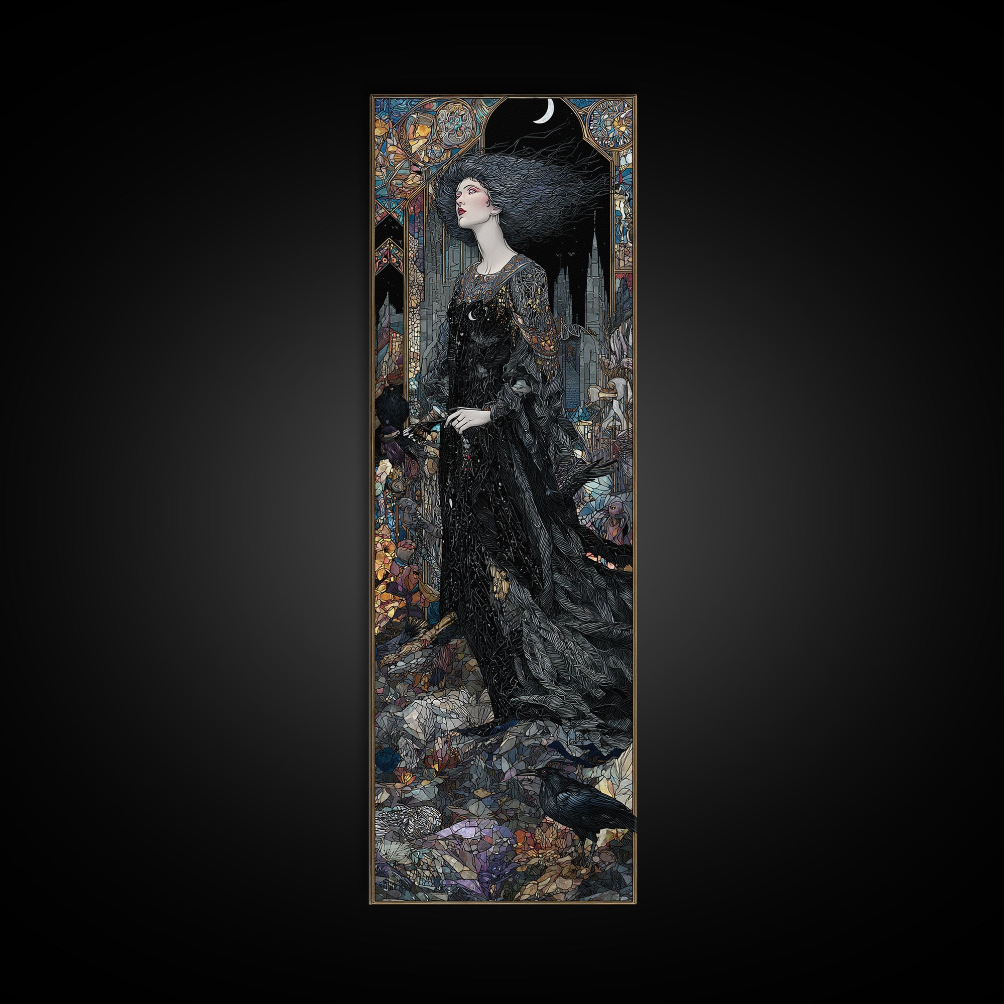 The Banshee Singer, Stained Glass Gothic Art, Tall Narrow Wall Art, Dark Halloween Decor, Framed Canvas Print, Halloween Wall Art
